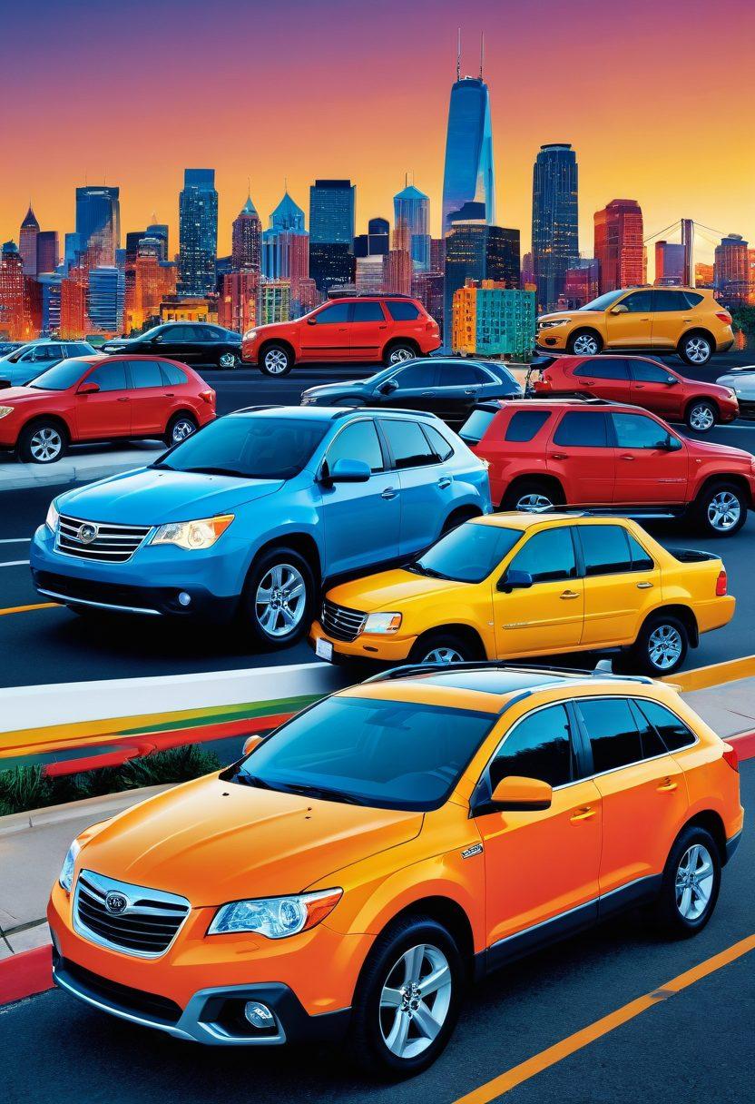 A vibrant collage of various car types, showcasing a sleek sedan, a rugged SUV, and a mix of rental service logos, all set against a backdrop of a picturesque urban landscape. Include price tags hovering around each vehicle to symbolize deals, with warm sunlight casting a welcoming glow. The scene should evoke a sense of exploration and adventure in the car rental experience. vector art. vibrant colors. white background.