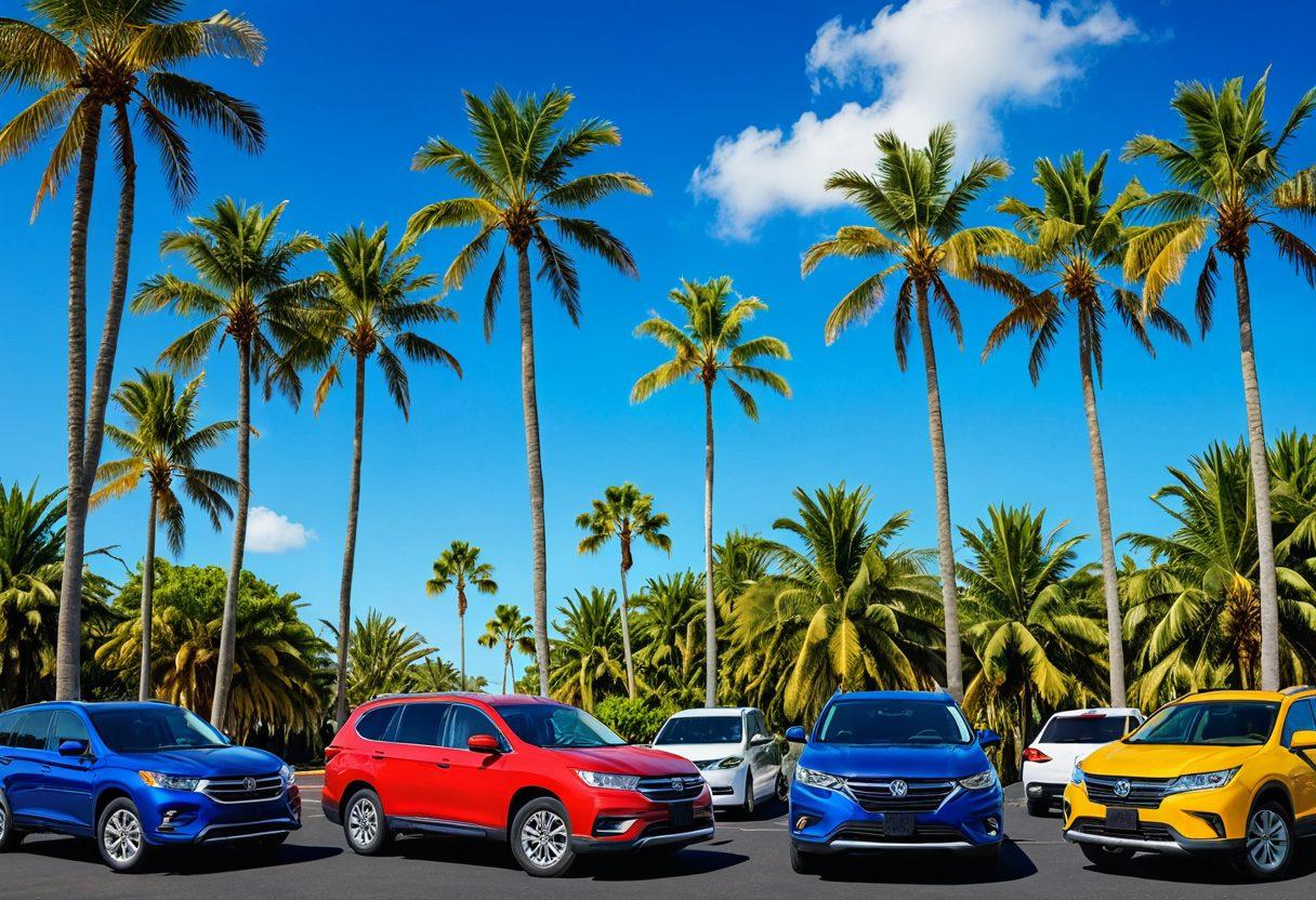 A collage of various budget-friendly vehicles ready for rental, including compact cars, SUVs, and vans, parked in a sunny, inviting rental lot. Include a price tag graphic showing savings, along with a person happily comparing rental options on a tablet. The background features a clear blue sky and palm trees, creating a relaxed travel vibe. super-realistic. vibrant colors. sunny background.