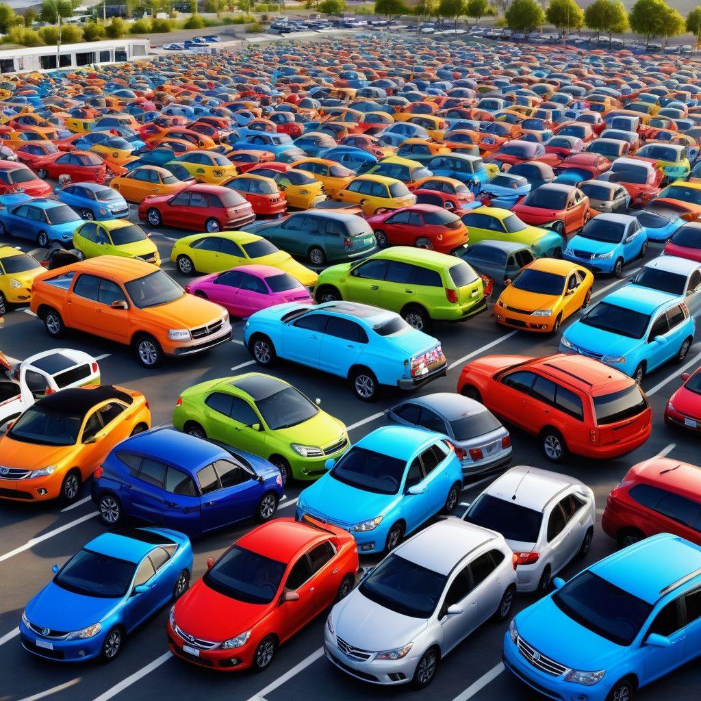 A vibrant and inviting scene featuring a diverse group of happy individuals exploring a car rental lot filled with various vehicles, each showcasing price tags highlighting special deals. The background should include a bright blue sky and a sunny day, emphasizing affordability and excitement. Elements of a checklist and smartphone with rental apps should be included to symbolize guidance. super-realistic. vibrant colors. 3D.